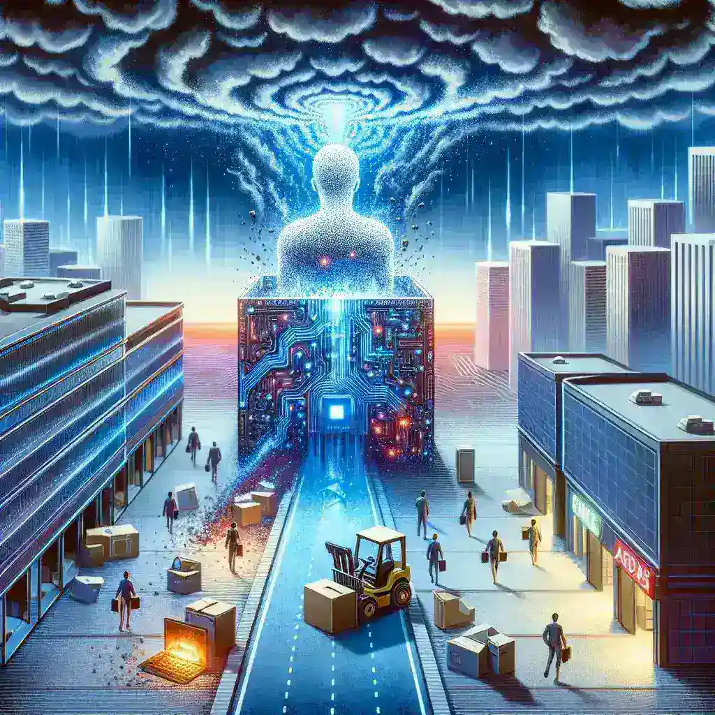 "Ilustrasi dampak integrasi AI di pasar kerja, menunjukkan gelombang pemutusan hubungan kerja (PHK) di sektor teknologi dengan grafik tren dan simbol AI."