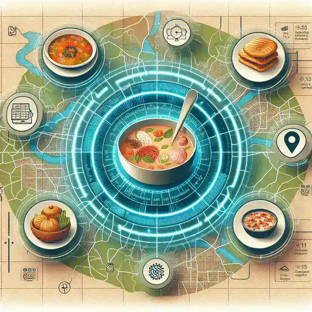 "Diagram sistem informasi geografis yang menunjukkan pemetaan sentra kuliner tradisional dengan ikon dan lokasi yang relevan"