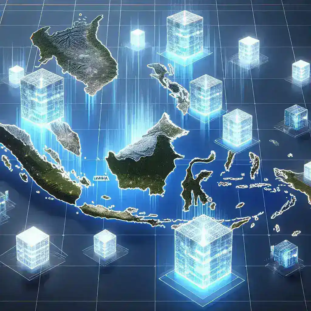 "Ilustrasi pembangunan data center digital di luar Jawa, menggambarkan infrastruktur modern dan pemerataan akses teknologi digital di Indonesia."