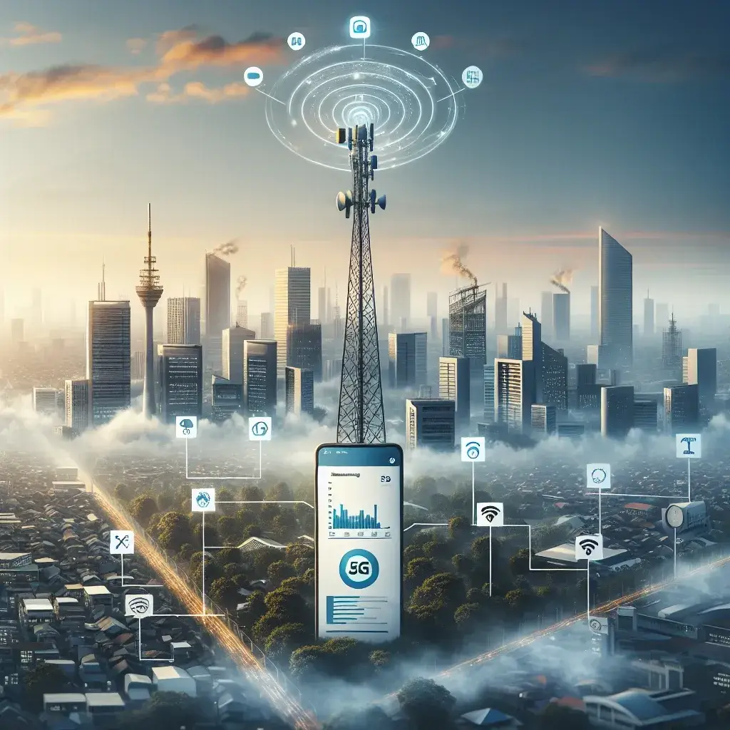 "Ilustrasi pemantauan kualitas udara menggunakan teknologi 5G di Surabaya dan Semarang, menampilkan alat sensor modern dan pemandangan kota"
